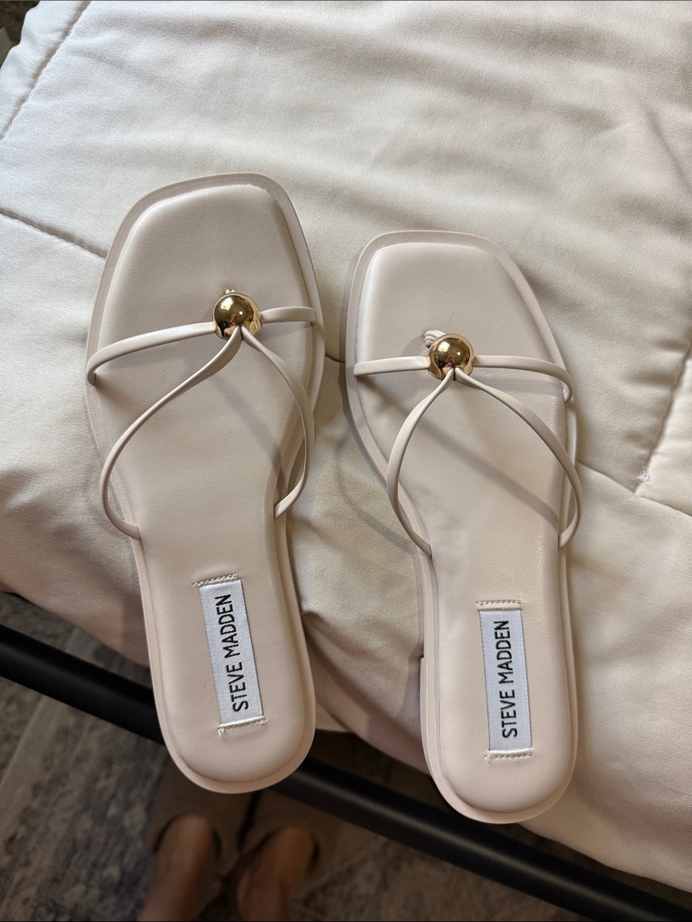 Steve Madden Cream Strappy Slide Sandals with Gold Accent